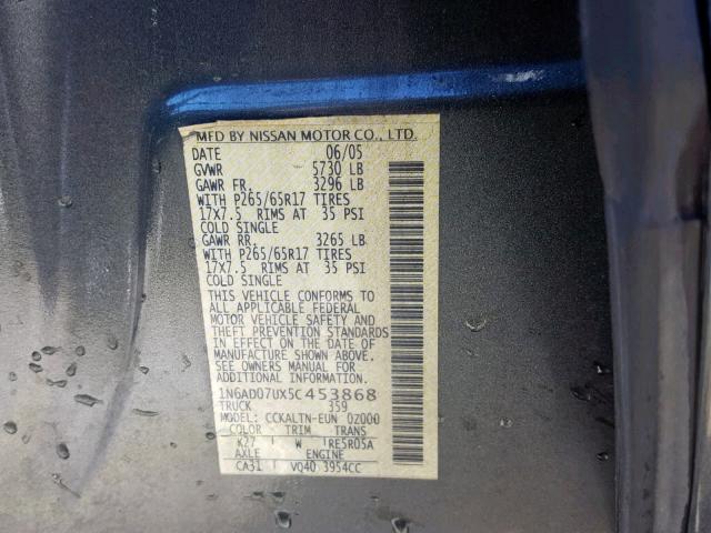 1N6AD07UX5C453868 - 2005 NISSAN FRONTIER C GRAY photo 10