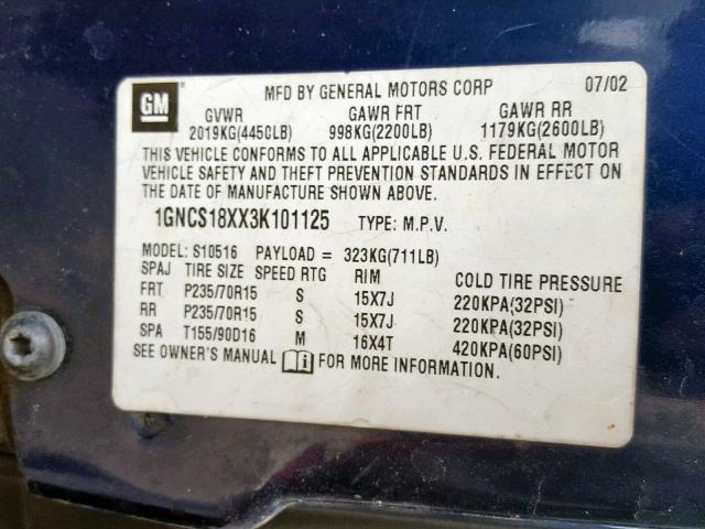 1GNCS18XX3K101125 - 2003 CHEVROLET BLAZER BLUE photo 10