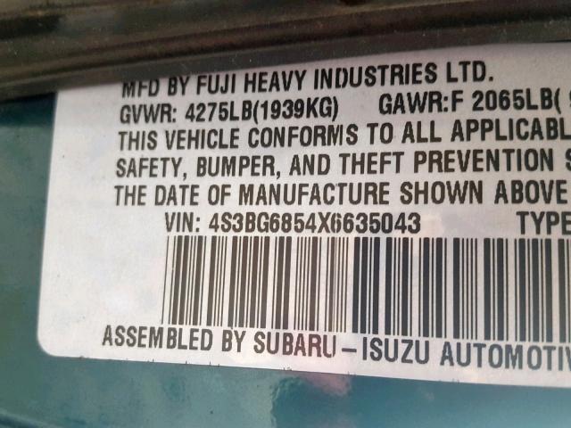 4S3BG6854X6635043 - 1999 SUBARU LEGACY OUT GREEN photo 10