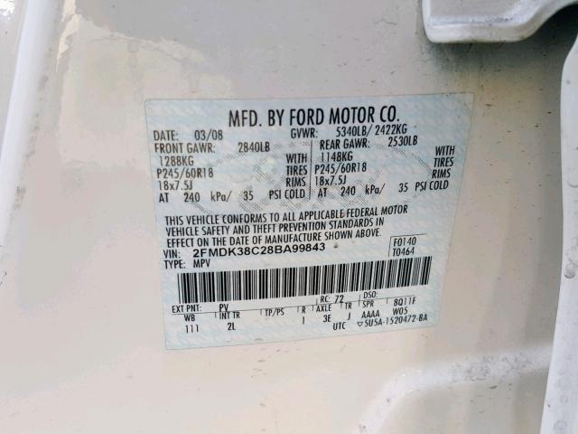 2FMDK38C28BA99843 - 2008 FORD EDGE SEL WHITE photo 10