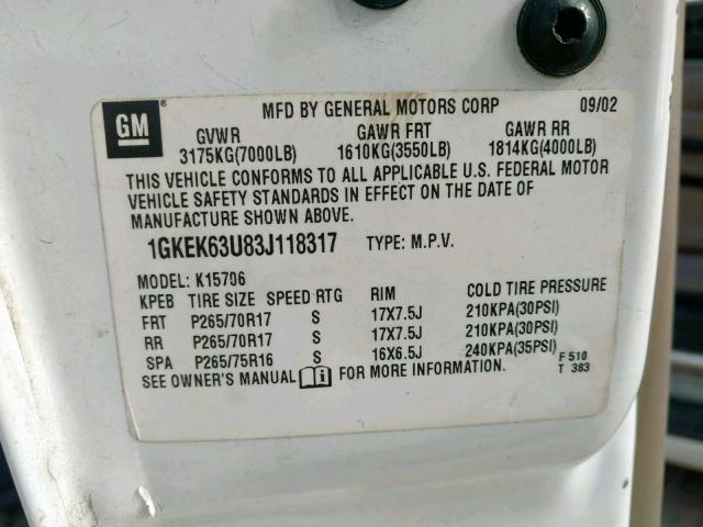 1GKEK63U83J118317 - 2003 GMC YUKON DENA WHITE photo 10