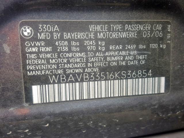 WBAVB33516KS36854 - 2006 BMW 330 I GRAY photo 10