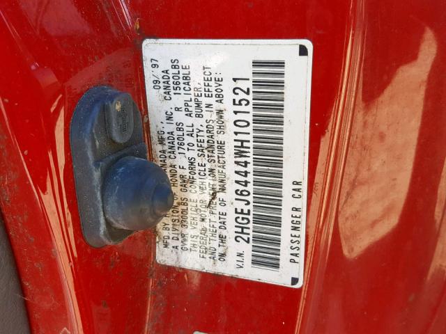 2HGEJ6444WH101521 - 1998 HONDA CIVIC DX RED photo 10