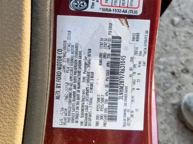 3LNHM28T97R631045 - 2007 LINCOLN MKZ RED photo 10