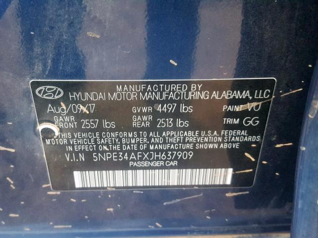 5NPE34AFXJH637909 - 2018 HYUNDAI SONATA SPO BLUE photo 10