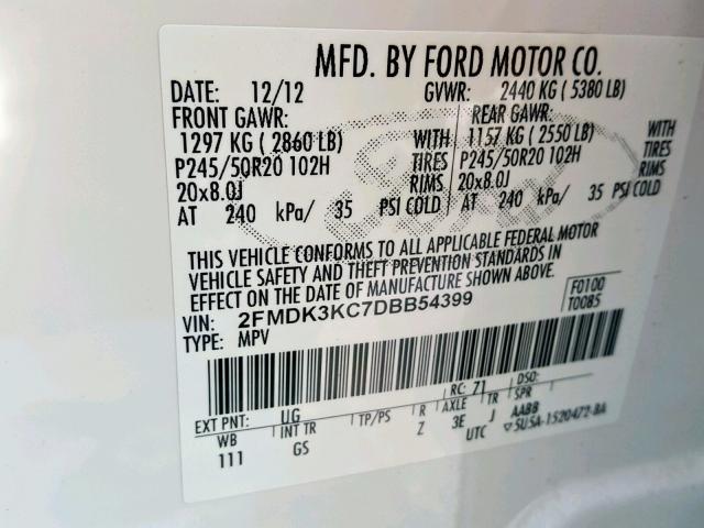 2FMDK3KC7DBB54399 - 2013 FORD EDGE LIMIT WHITE photo 10