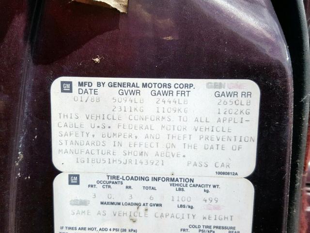 1G1BU51H5JR143921 - 1988 CHEVROLET CAPRICE CL MAROON photo 10