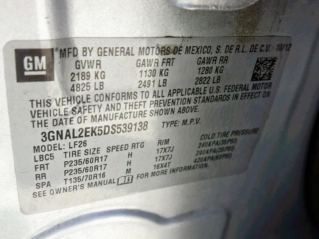 3GNAL2EK5DS539138 - 2013 CHEVROLET CAPTIVA LS 银色 照片 10