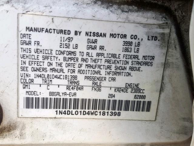 1N4DL01D4WC181398 - 1998 NISSAN ALTIMA XE WHITE photo 10