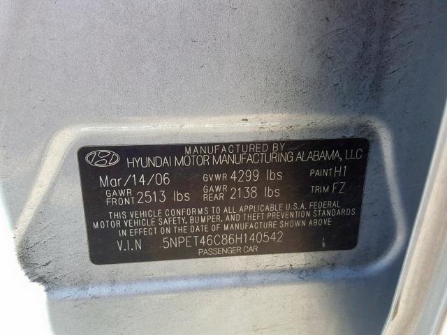 5NPET46C86H140542 - 2006 HYUNDAI SONATA GL BLUE photo 10