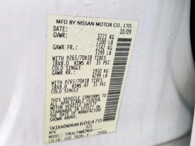 5N1BA0ND6AN606470 - 2010 NISSAN ARMADA SE WHITE photo 10