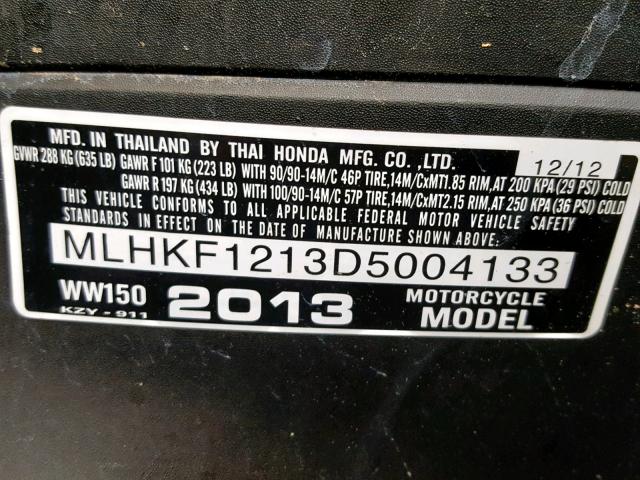 MLHKF1213D5004133 - 2013 HONDA PCX 150 BLACK photo 10