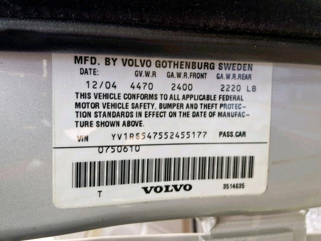 YV1RS547552455177 - 2005 VOLVO S60 T5 GRAY photo 10