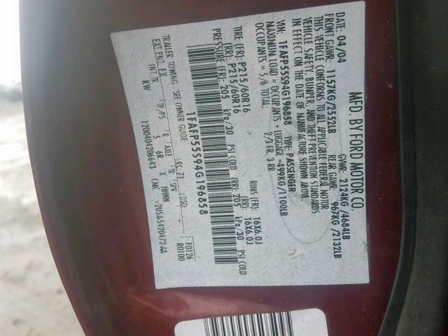 1FAFP55S94G196858 - 2004 FORD TAURUS SES MAROON photo 10