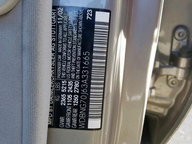 WDBNG70J63A331665 - 2003 MERCEDES-BENZ S 430 SILVER photo 10