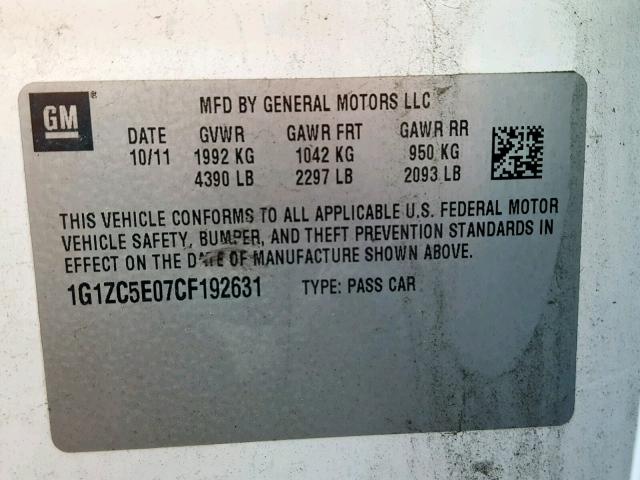 1G1ZC5E07CF192631 - 2012 CHEVROLET MALIBU 1LT WHITE photo 10