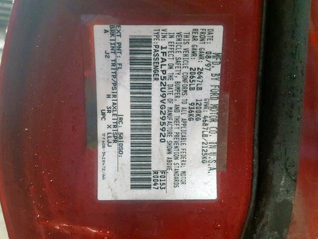 1FALP52U9VG295920 - 1997 FORD TAURUS GL RED photo 10