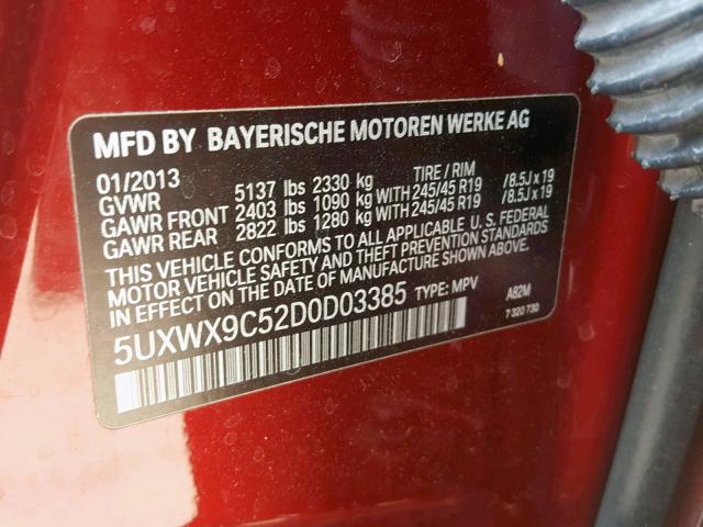 5UXWX9C52D0D03385 - 2013 BMW X3 XDRIVE2 RED photo 10