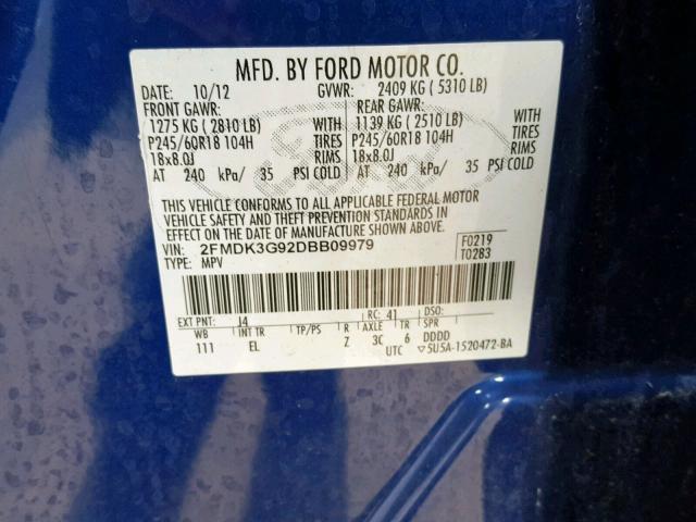 2FMDK3G92DBB09979 - 2013 FORD EDGE SE BLUE photo 10