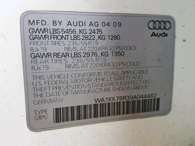 WA1KK78R39A044462 - 2009 AUDI Q5 3.2 WHITE photo 10