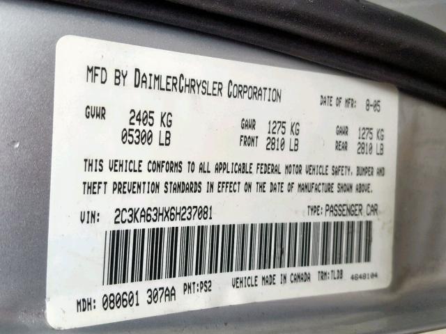 2C3KA63HX6H237081 - 2006 CHRYSLER 300C GRAY photo 10