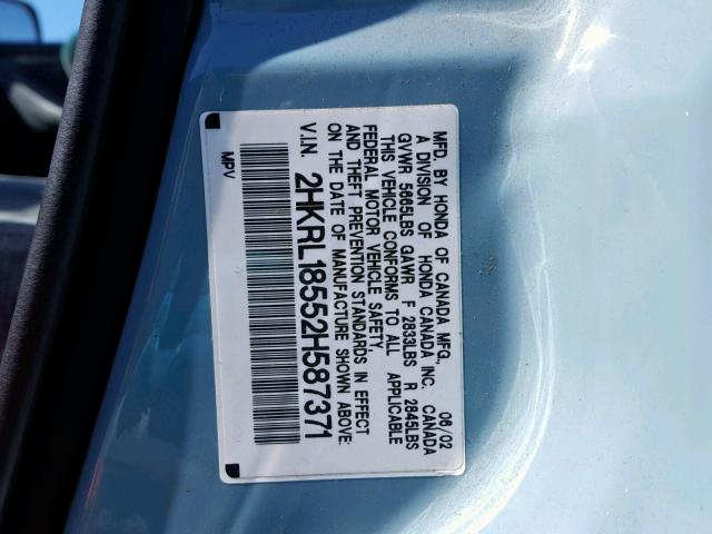 2HKRL18552H587371 - 2002 HONDA ODYSSEY LX BLUE photo 10