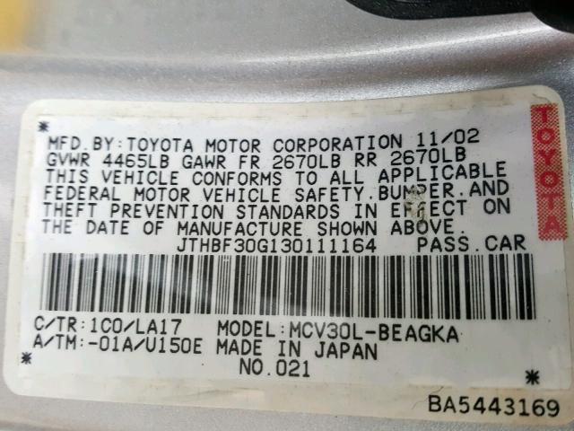 JTHBF30G130111164 - 2003 LEXUS ES 300 SILVER photo 10