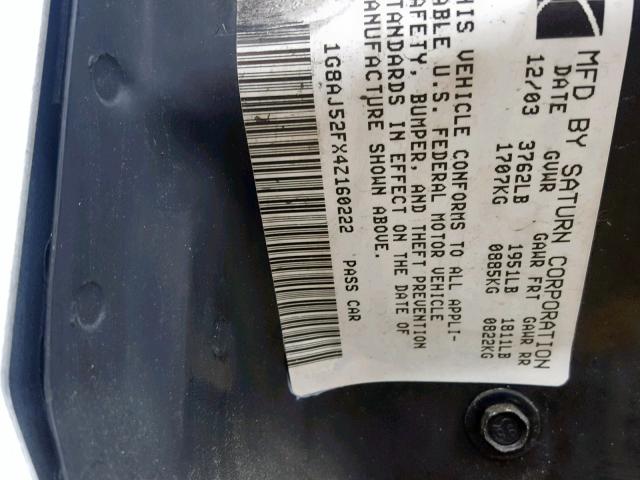 1G8AJ52FX4Z160222 - 2004 SATURN ION LEVEL WHITE photo 10