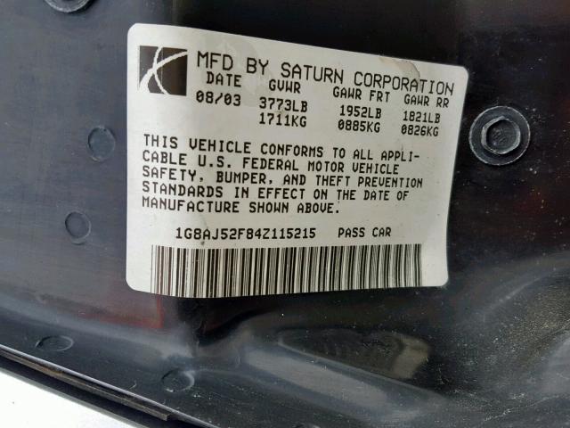 1G8AJ52F84Z115215 - 2004 SATURN ION LEVEL SILVER photo 10