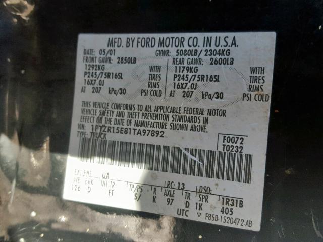 1FTZR15E81TA97892 - 2001 FORD RANGER SUP BLACK photo 10