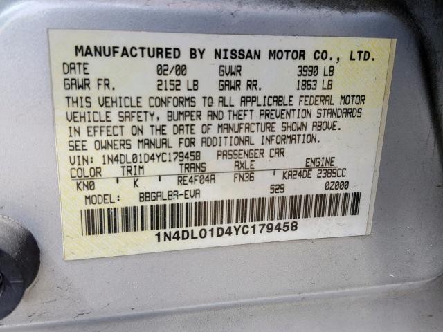 1N4DL01D4YC179458 - 2000 NISSAN ALTIMA XE SILVER photo 10