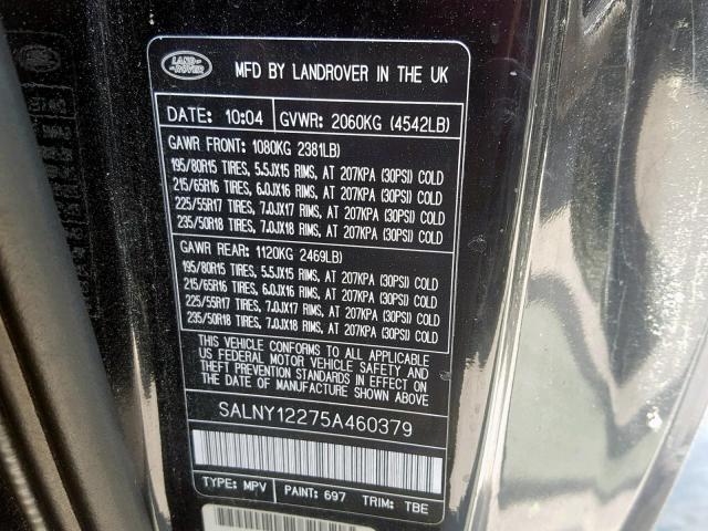 SALNY12275A460379 - 2005 LAND ROVER FREELANDER BLACK photo 10