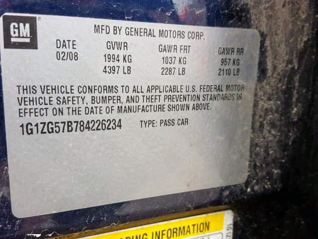 1G1ZG57B784226234 - 2008 CHEVROLET MALIBU LS BLUE photo 10