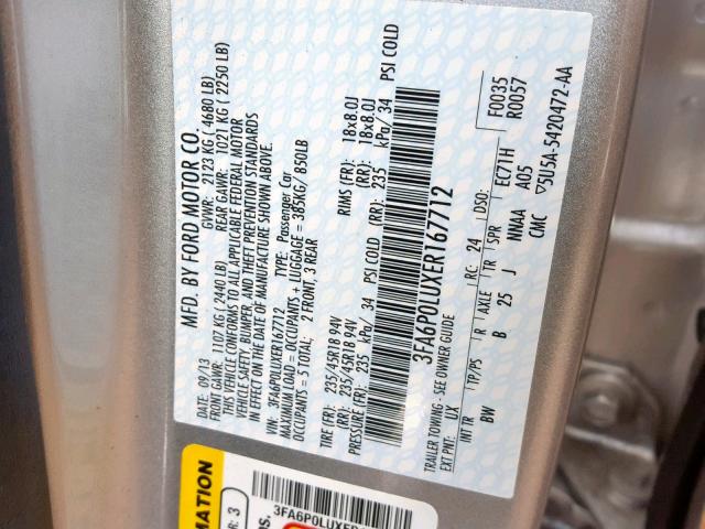 3FA6P0LUXER167712 - 2014 FORD FUSION SE SILVER photo 10