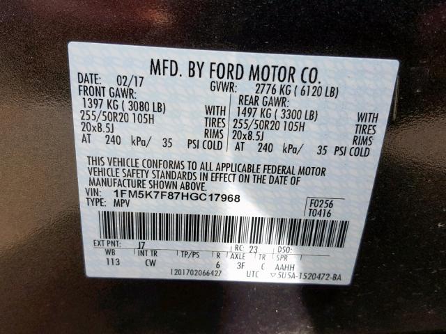 1FM5K7F87HGC17968 - 2017 FORD EXPLORER L CHARCOAL photo 10