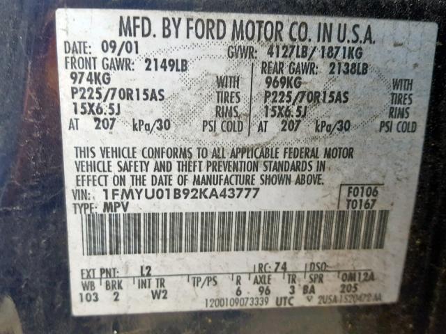 1FMYU01B92KA43777 - 2002 FORD ESCAPE XLS WHITE photo 10