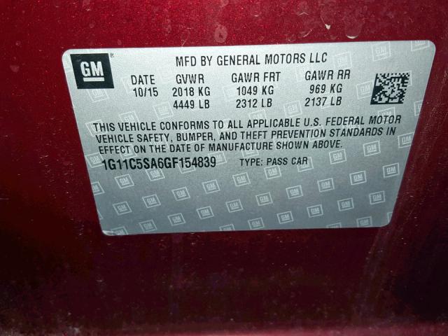 1G11C5SA6GF154839 - 2016 CHEVROLET MALIBU LIM MAROON photo 10