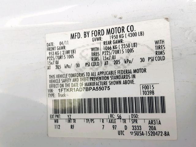 1FTKR1AD7BPA55075 - 2011 FORD RANGER WHITE photo 10