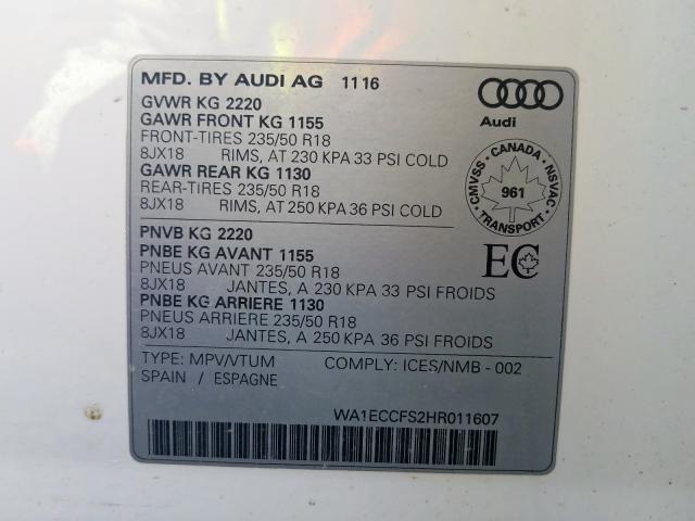 WA1ECCFS2HR011607 - 2017 AUDI Q3 PREMIUM  photo 10