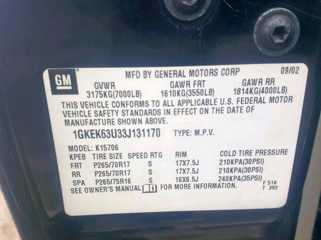 1GKEK63U33J131170 - 2003 GMC YUKON DENA BLACK photo 10