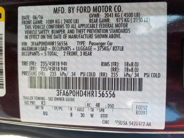 3FA6P0HD4HR156556 - 2017 FORD FUSION SE  photo 10