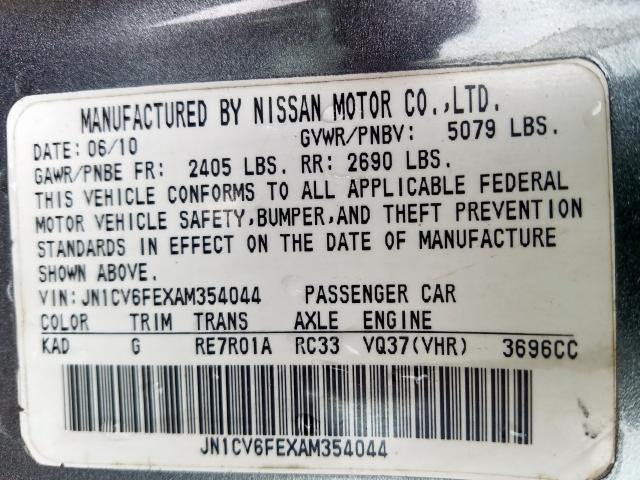 JN1CV6FEXAM354044 - 2010 INFINITI G37 BASE  photo 10