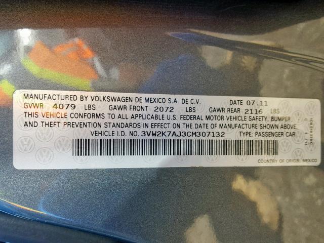 3VW2K7AJ3CM307132 - 2012 VOLKSWAGEN JETTA BASE GRAY photo 10