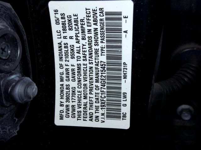 19XFC1F74GE215457 - 2016 HONDA CIVIC EXL BLACK photo 10