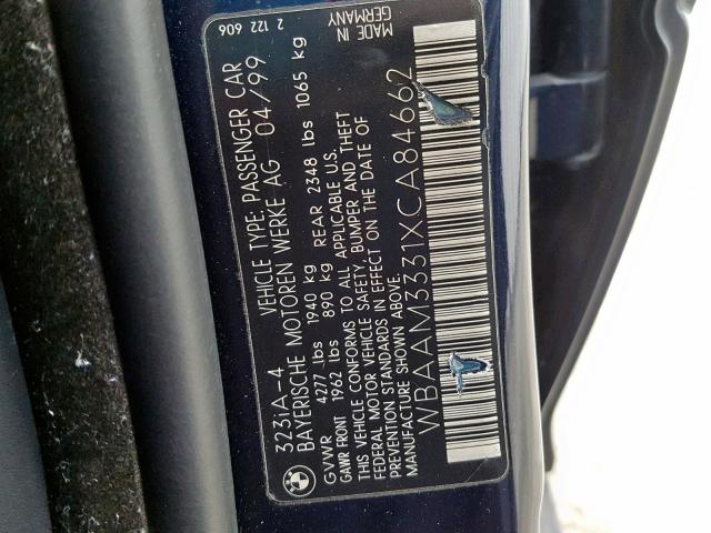 WBAAM3331XCA84662 - 1999 BMW 323 I AUTO BLUE photo 10