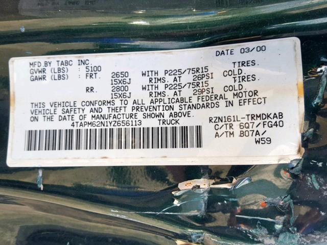 4TAPM62N1YZ656113 - 2000 TOYOTA TACOMA GREEN photo 10