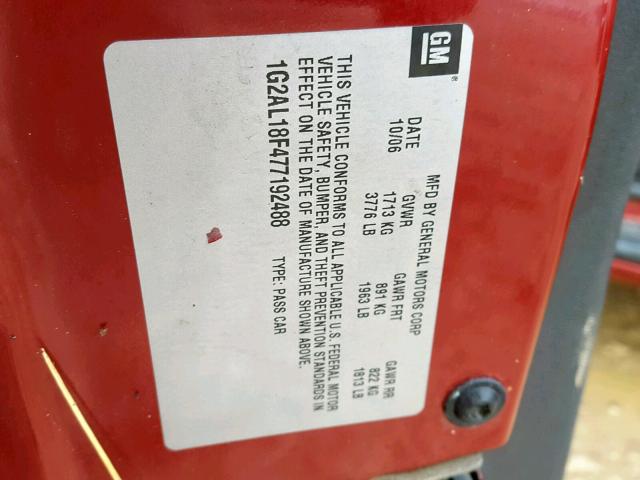 1G2AL18F477192488 - 2007 PONTIAC G5 MAROON photo 10