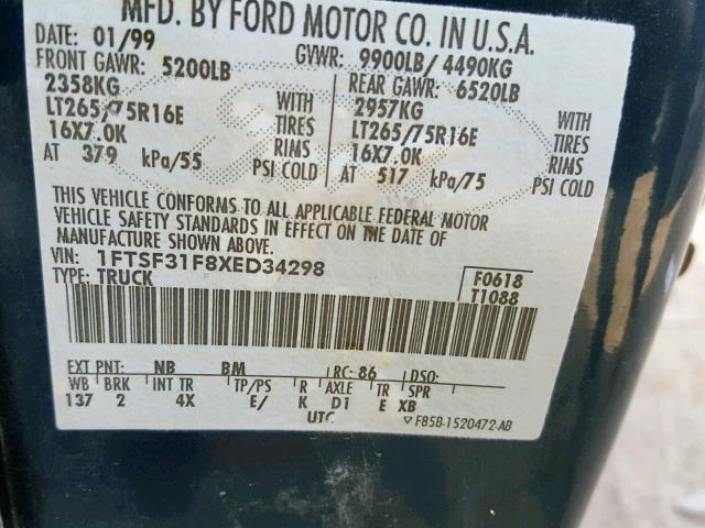 1FTSF31F8XED34298 - 1999 FORD F350 SRW S BLUE photo 10