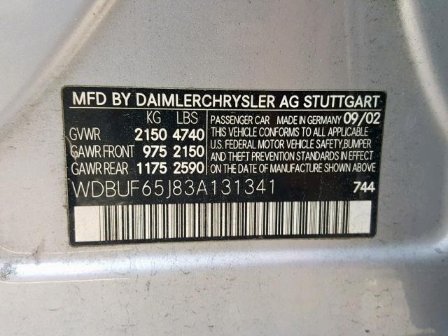 WDBUF65J83A131341 - 2003 MERCEDES-BENZ E 320 SILVER photo 10