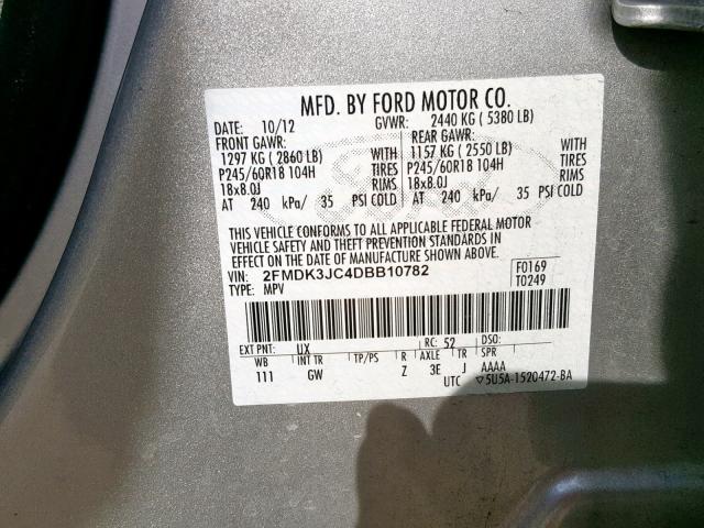 2FMDK3JC4DBB10782 - 2013 FORD EDGE SEL SILVER photo 10